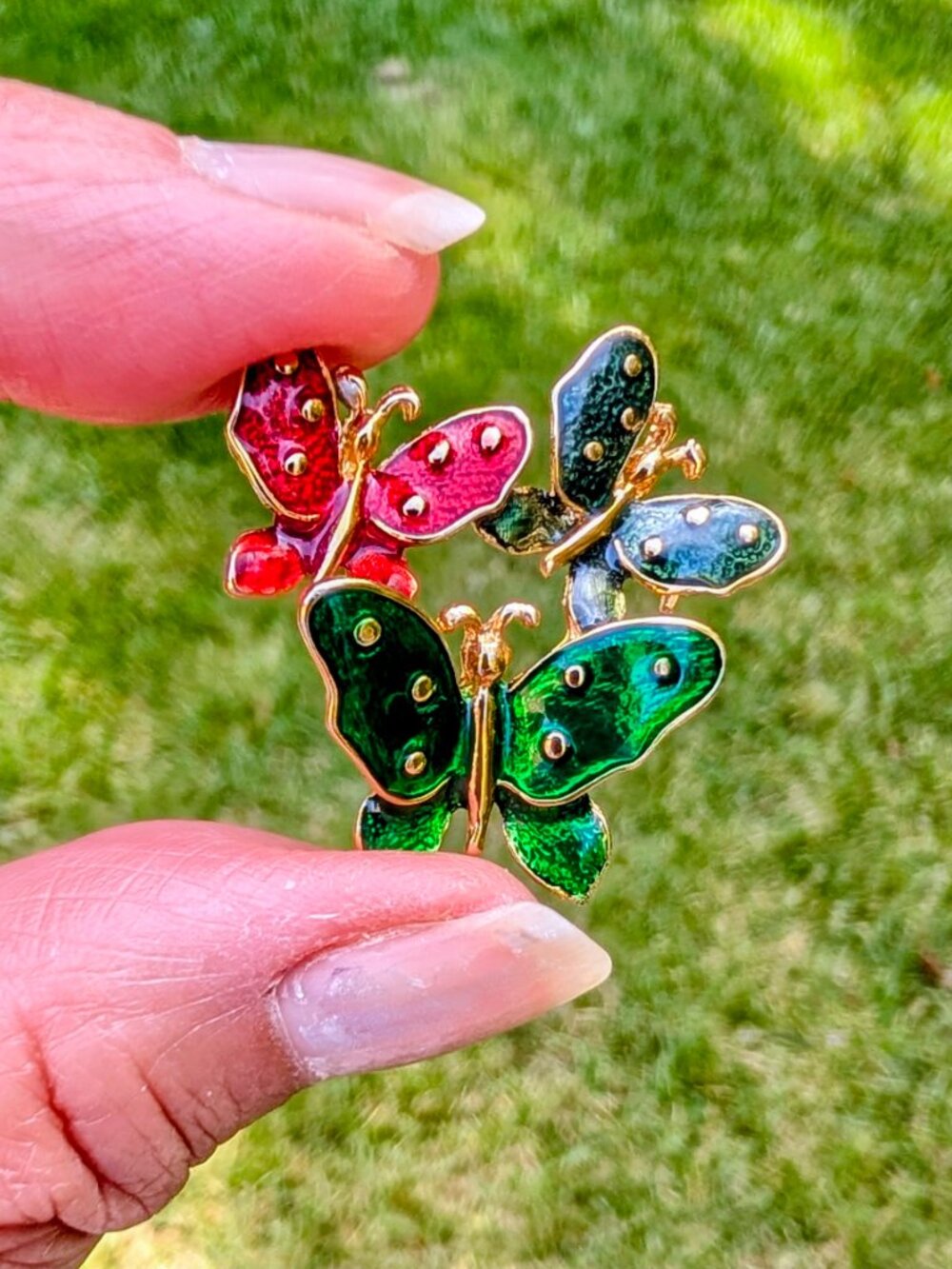 Vintage 3 Enamel Butterfly Brooch Pin Colorful Red, Green & Blue Gold Tone